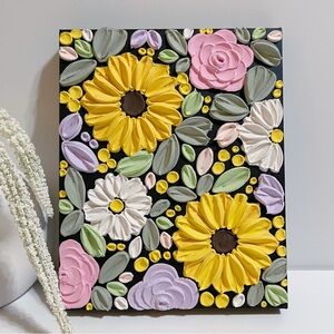 3D Sunflower Painting On Black Stretched Canvas, Home Decor, Gift Idea For Her